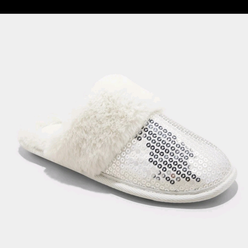 Women's Silver Sequin Fur Slippers